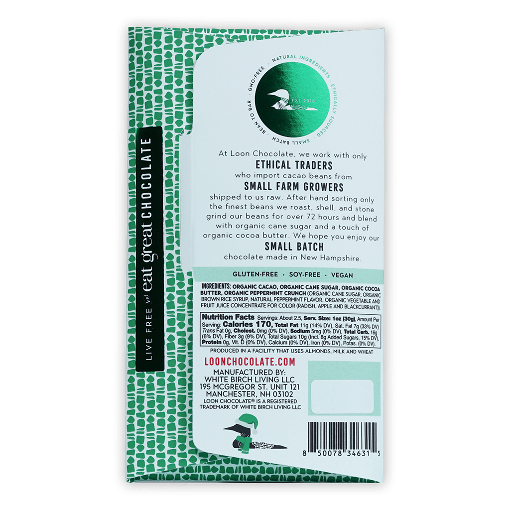 Loon Chocolate Dark Peppermint Crunch 70% bar with bird logo