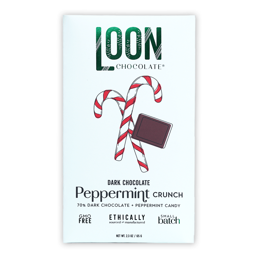 Loon Chocolate Dark Peppermint Crunch 70% bar in white wrapper