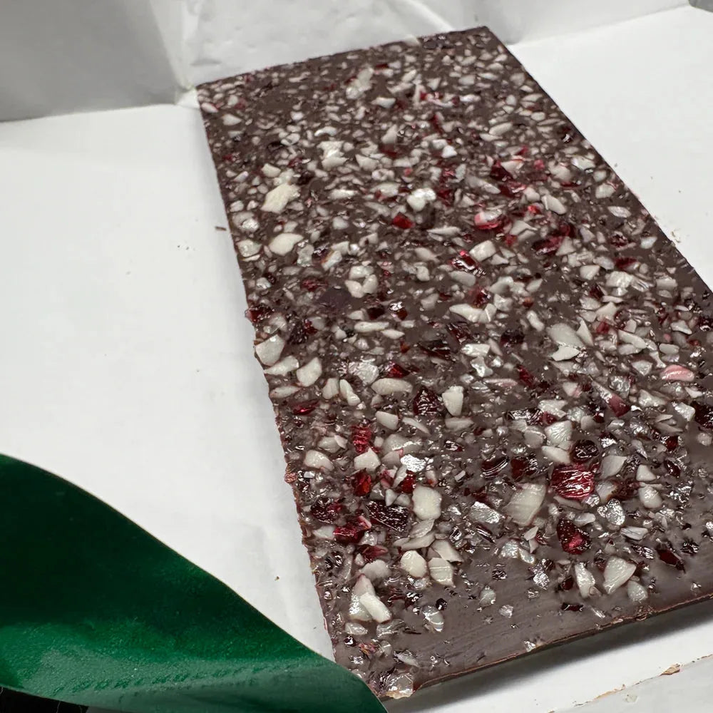 Loon Chocolate Dark Peppermint Crunch 70% bar with cranberry pieces