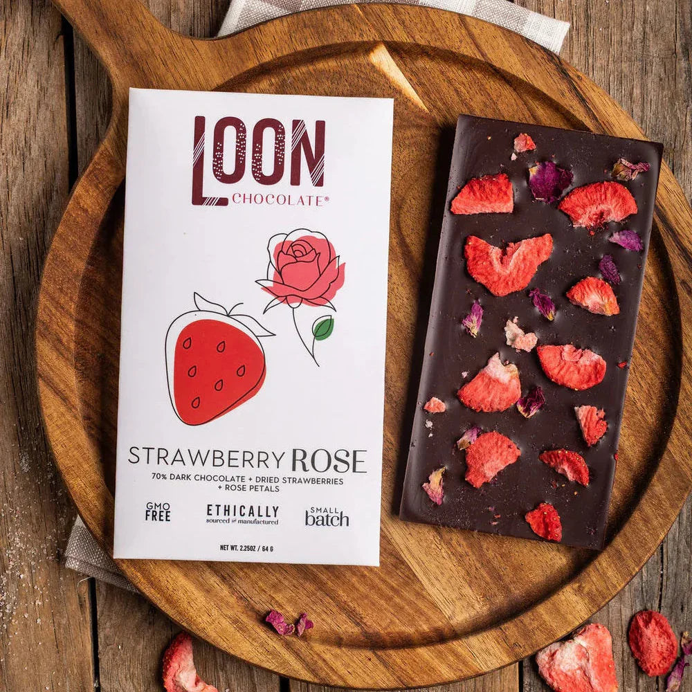 Loon Chocolate Dark w/ Strawberry Rose 70% bar with strawberry slices and rose petals