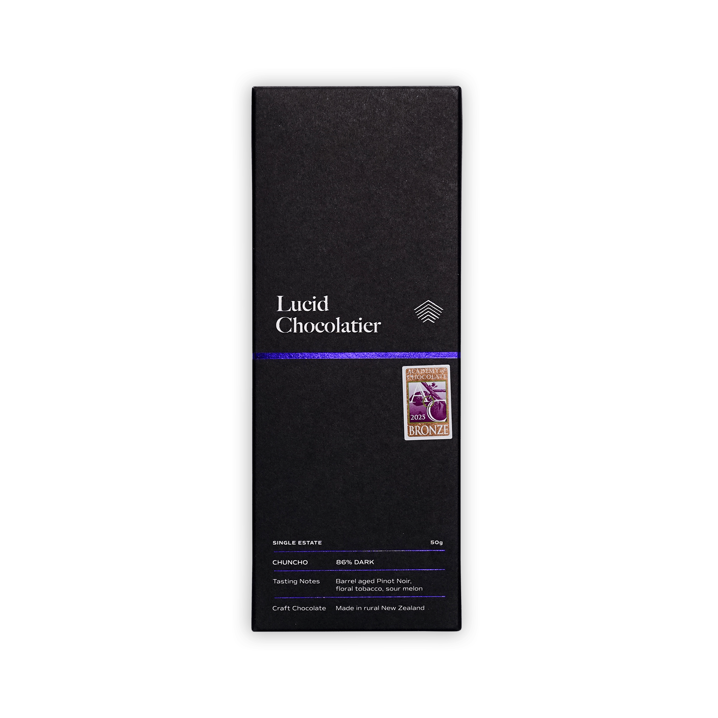 Lucid Chocolatier bar in a black box with a purple stripe and Academy of Chocolate 2025 Bronze badge, reading Single Estate, Chuncho, 86% Dark.