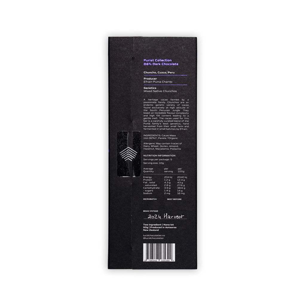 Back of the black Lucid Chocolatier box with Purist Collection text, Chuncho Cuzco Peru origin, ingredients, nutrition table, and a barcode.