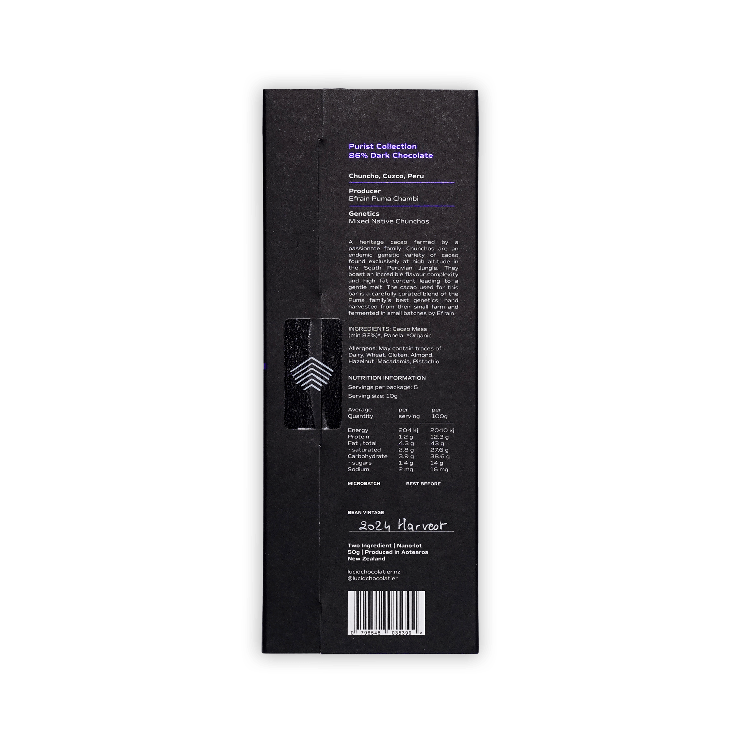 Back of the black Lucid Chocolatier box with Purist Collection text, Chuncho Cuzco Peru origin, ingredients, nutrition table, and a barcode.