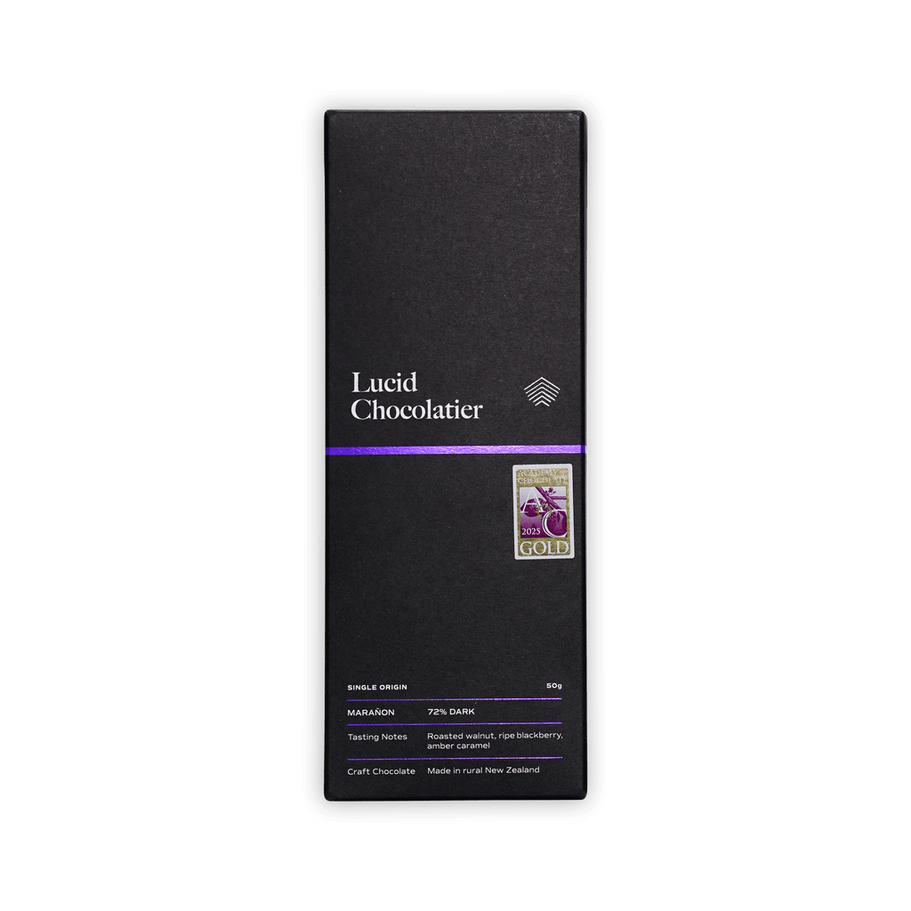 Lucid Chocolatier Maranon 72% dark chocolate bar, black box with purple stripe and gold award seal