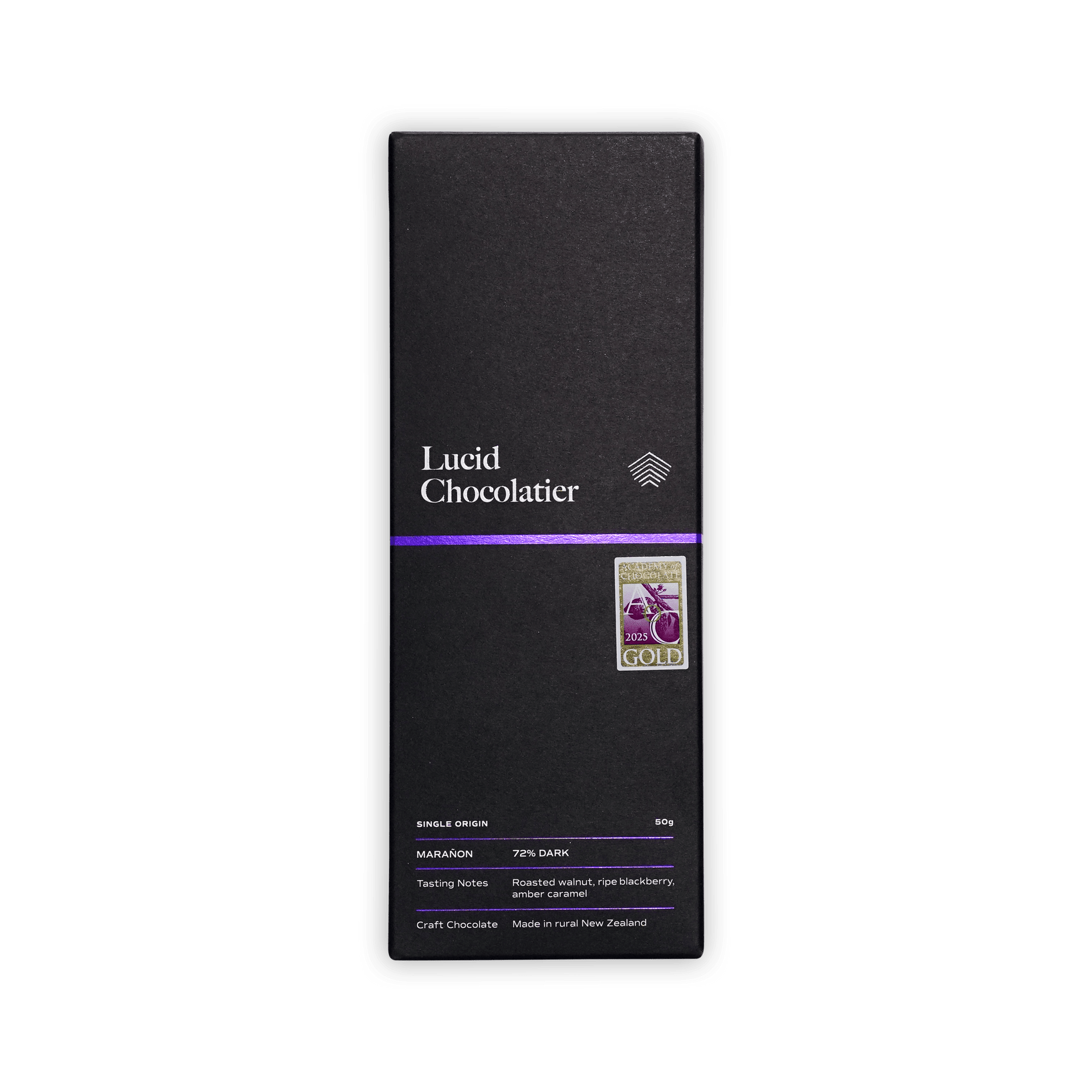 Lucid Chocolatier Maranon 72% dark chocolate bar, black box with purple stripe and gold award seal