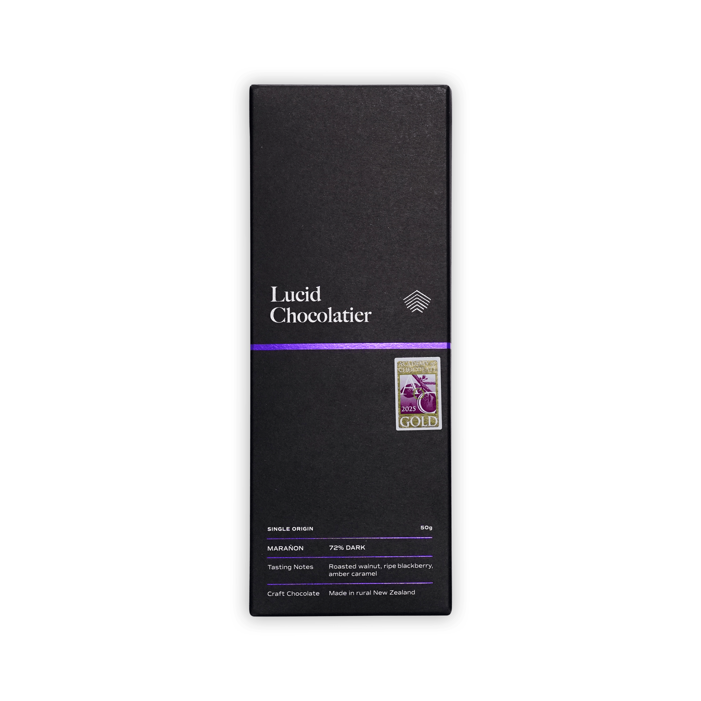 Lucid Chocolatier Maranon 72% dark chocolate bar, black box with purple stripe and gold award seal