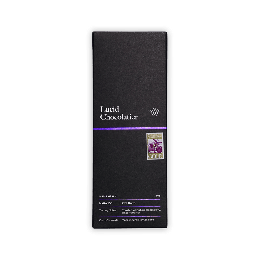 Lucid Chocolatier Maranon 72% dark chocolate bar, black box with purple stripe and gold award seal