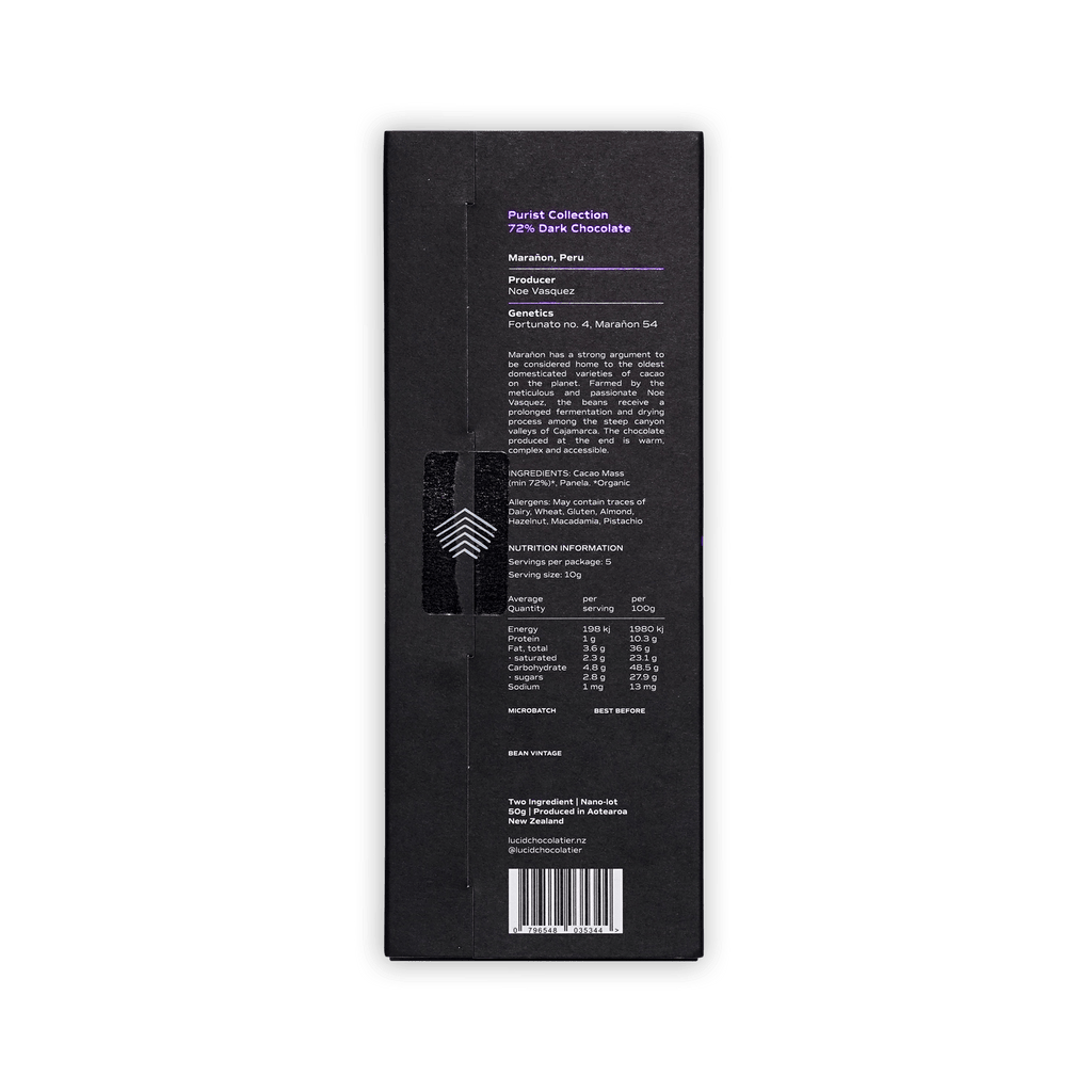 Back of Lucid Chocolatier Maranon box, black label with origin details, ingredients and nutrition