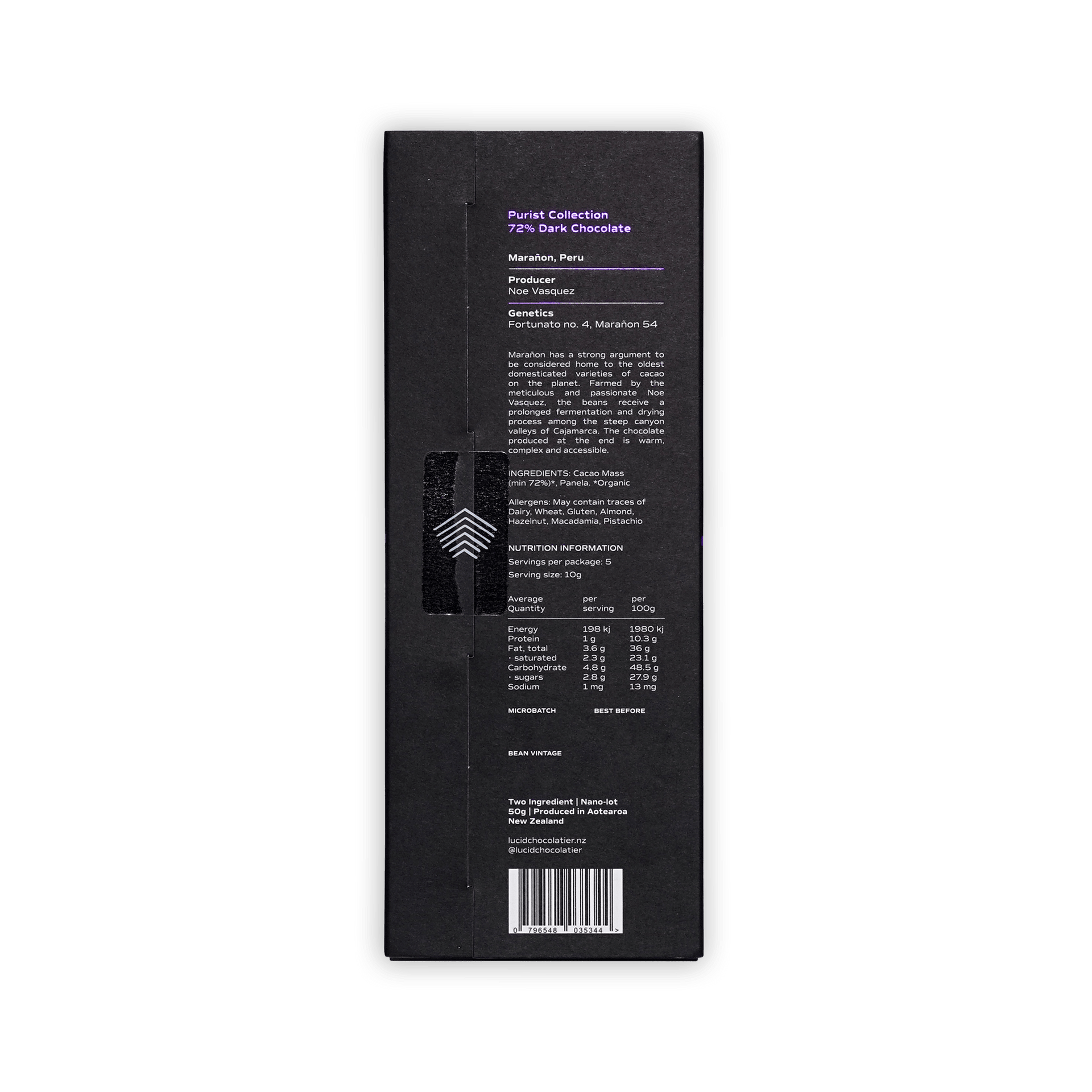 Back of Lucid Chocolatier Maranon box, black label with origin details, ingredients and nutrition