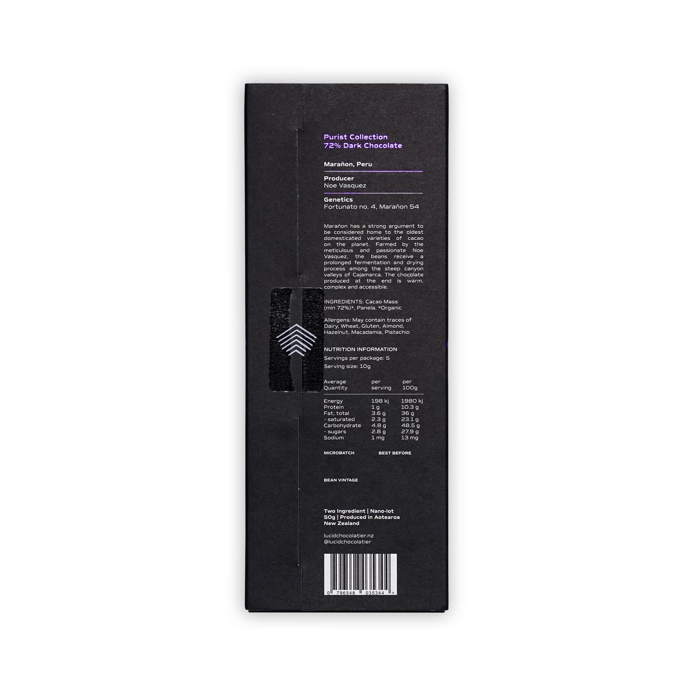 Back of Lucid Chocolatier Maranon box, black label with origin details, ingredients and nutrition
