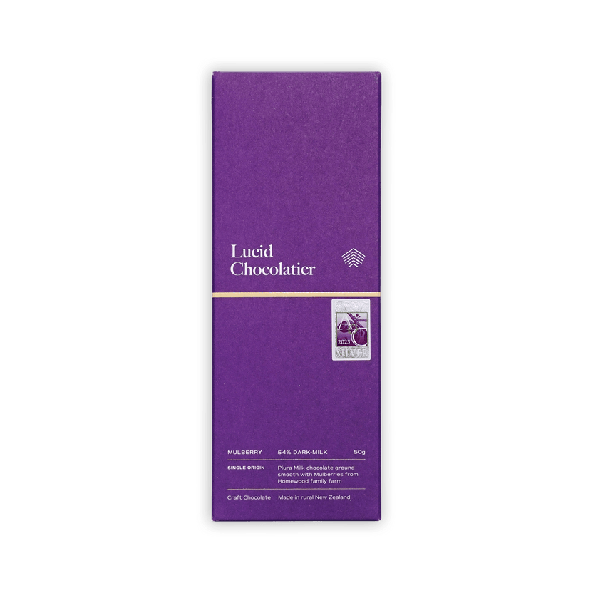 Lucid Chocolatier Mulberry 54% dark-milk bar, purple box with a gold line and silver award seal, 50g