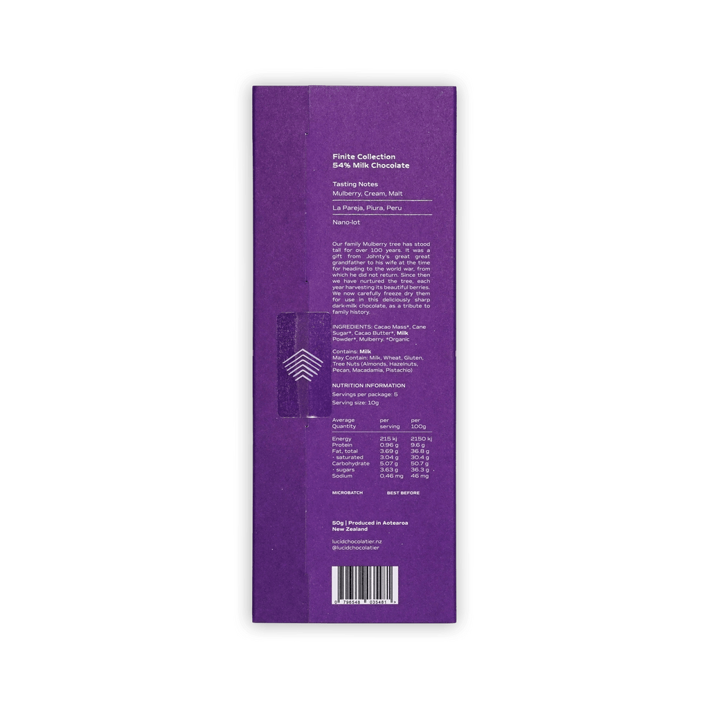 Back of Lucid Chocolatier Mulberry 54% purple box, tasting notes, story text and nutrition information