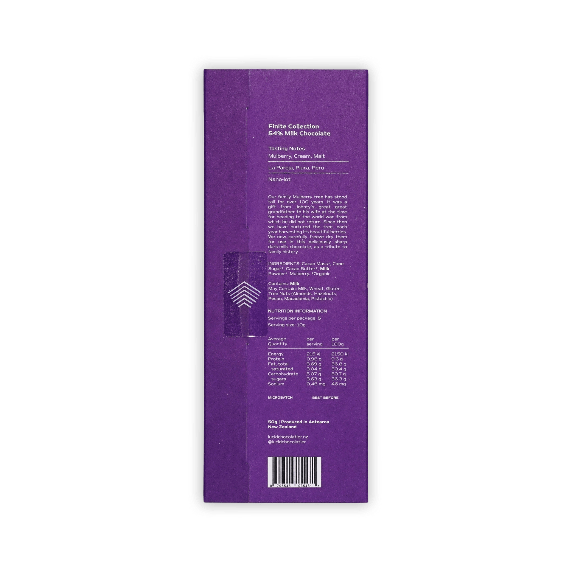 Back of Lucid Chocolatier Mulberry 54% purple box, tasting notes, story text and nutrition information