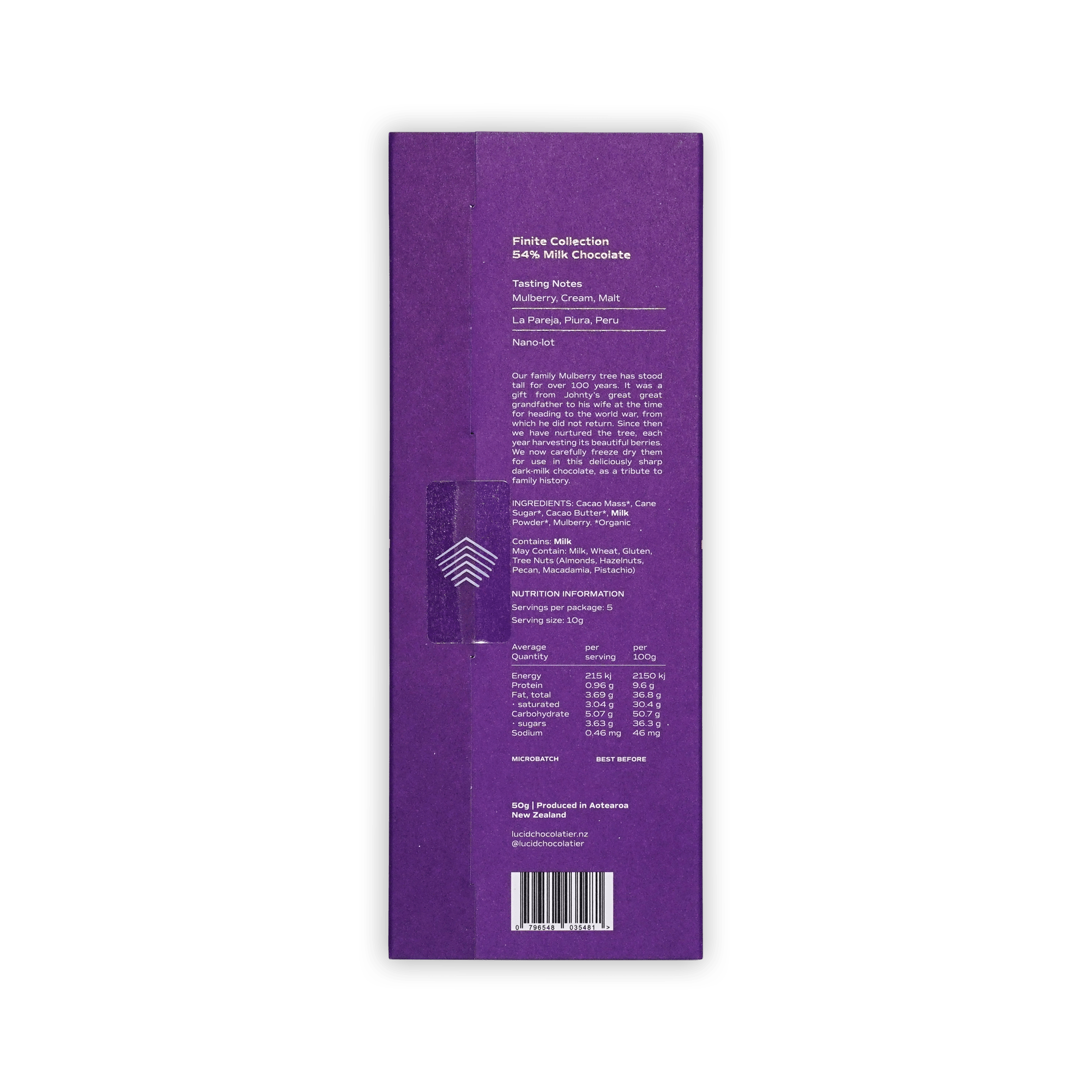 Back of Lucid Chocolatier Mulberry 54% purple box, tasting notes, story text and nutrition information