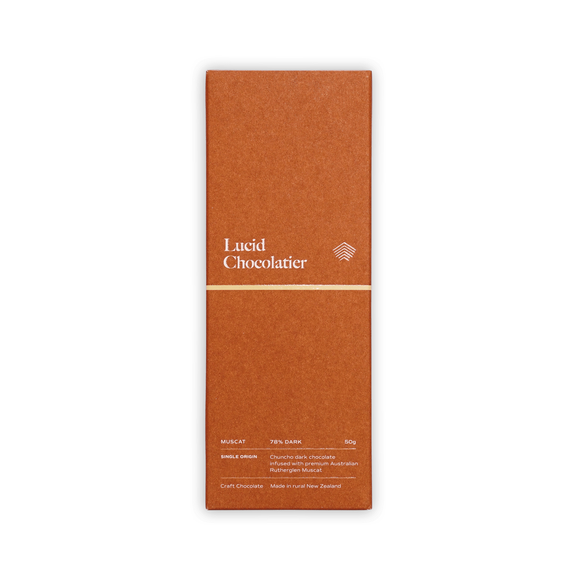 Lucid Chocolatier bar, rust-brown box with gold line, Muscat 78% Dark, Single Origin, made in New Zealand, 50g