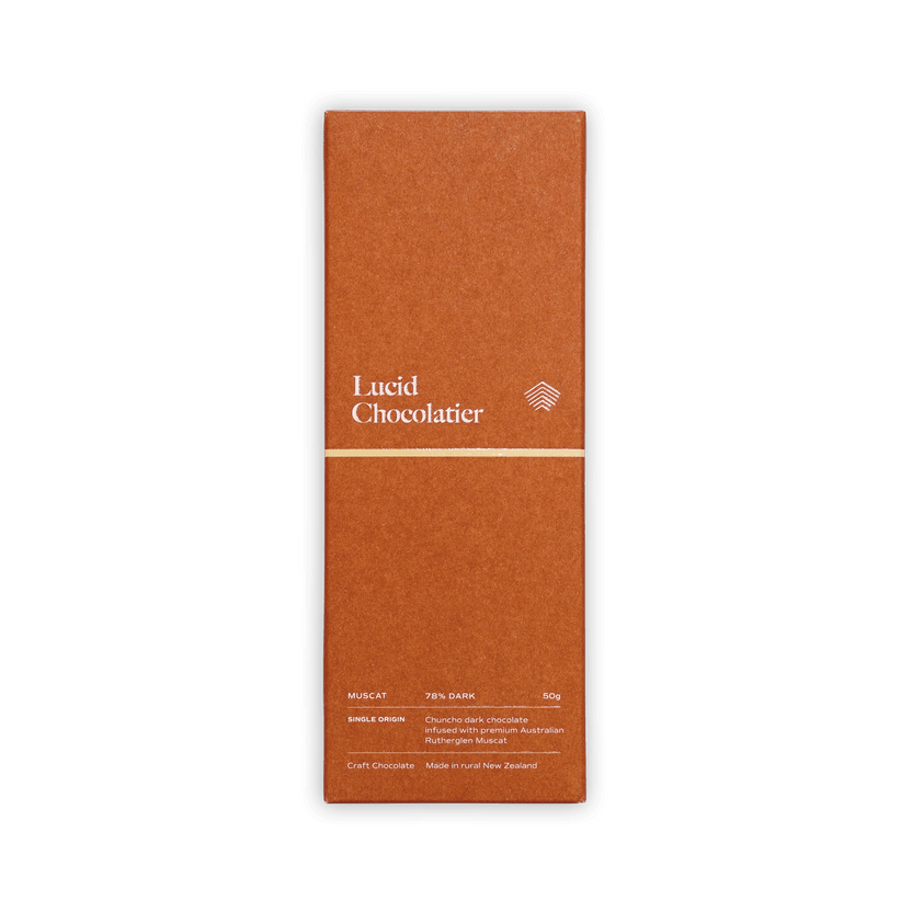 Lucid Chocolatier bar, rust-brown box with gold line, Muscat 78% Dark, Single Origin, made in New Zealand, 50g