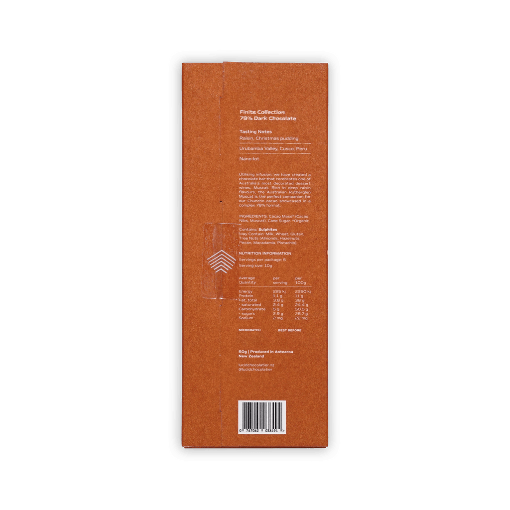 Back of Lucid Chocolatier rust-brown box, Finite Collection 78%, tasting notes raisin and Christmas pudding, nutrition table and barcode