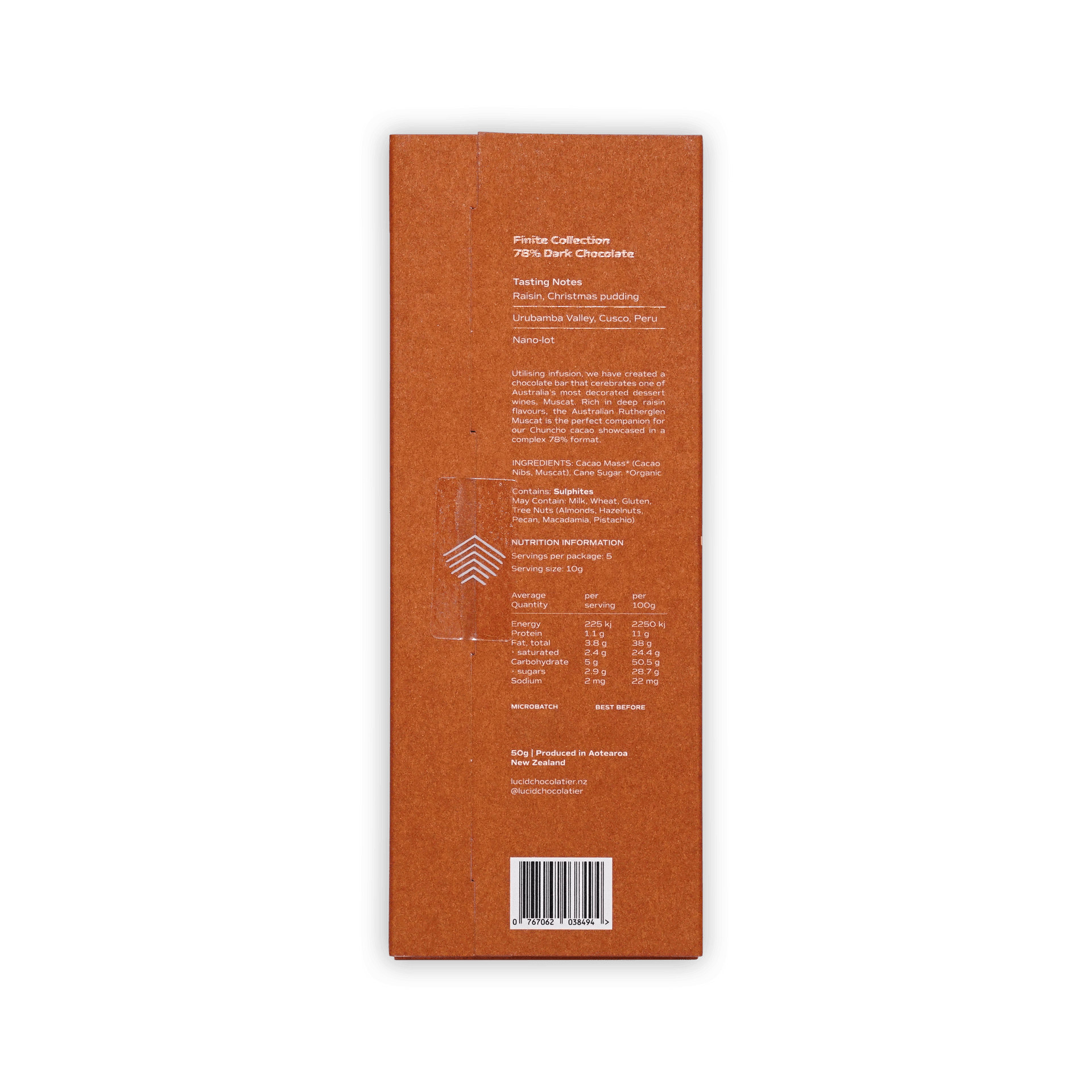 Back of Lucid Chocolatier rust-brown box, Finite Collection 78%, tasting notes raisin and Christmas pudding, nutrition table and barcode
