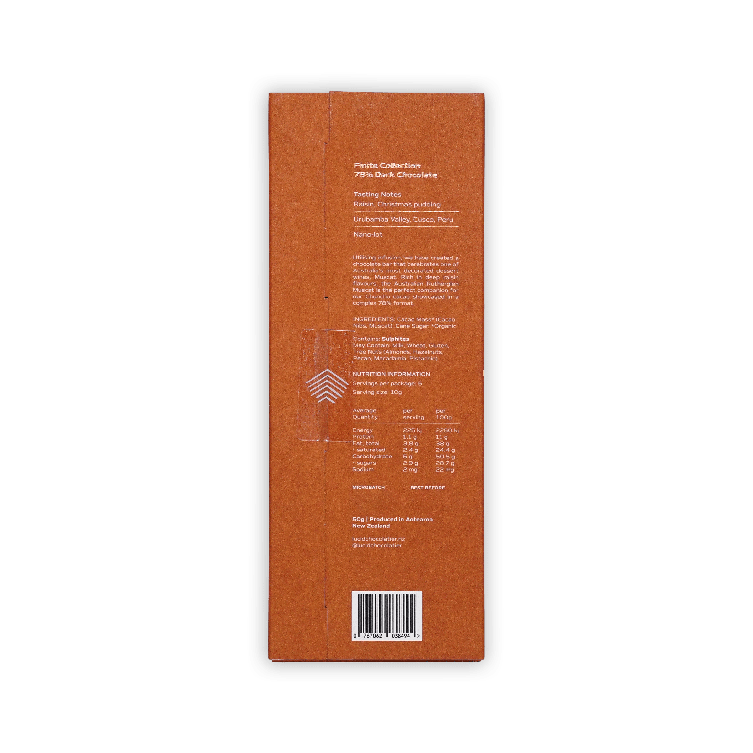 Back of Lucid Chocolatier rust-brown box, Finite Collection 78%, tasting notes raisin and Christmas pudding, nutrition table and barcode