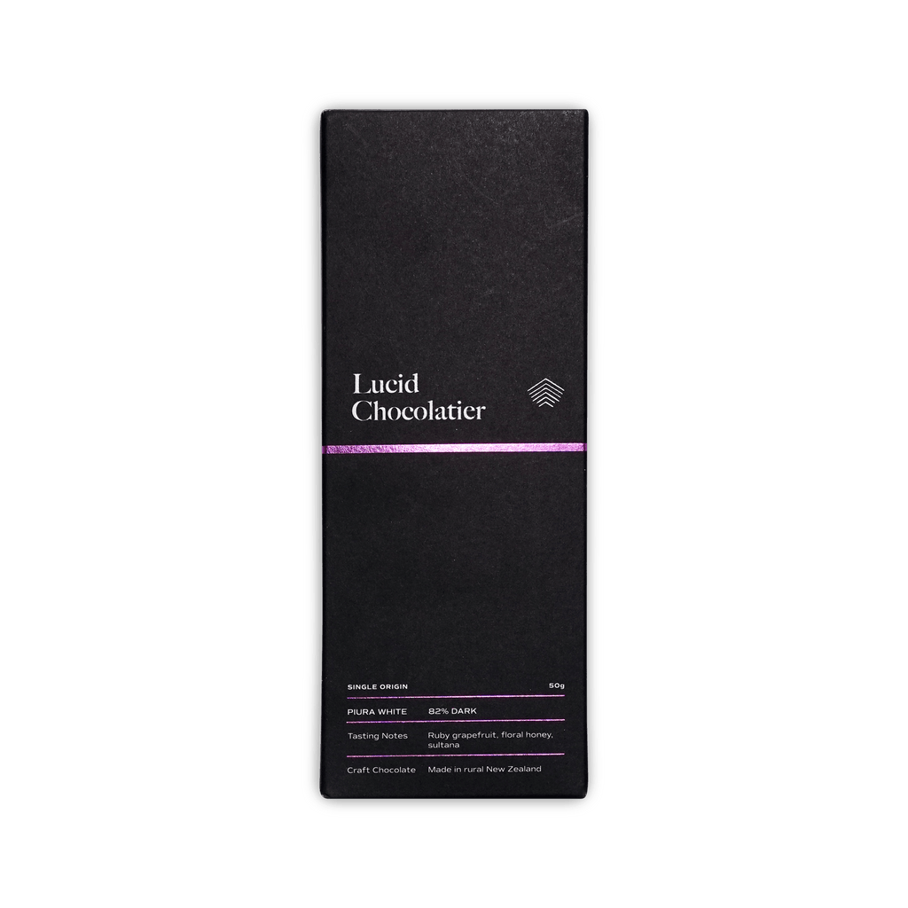 Lucid Chocolatier black box with a purple stripe, Single Origin Piura White 82% Dark, made in rural New Zealand, 50g