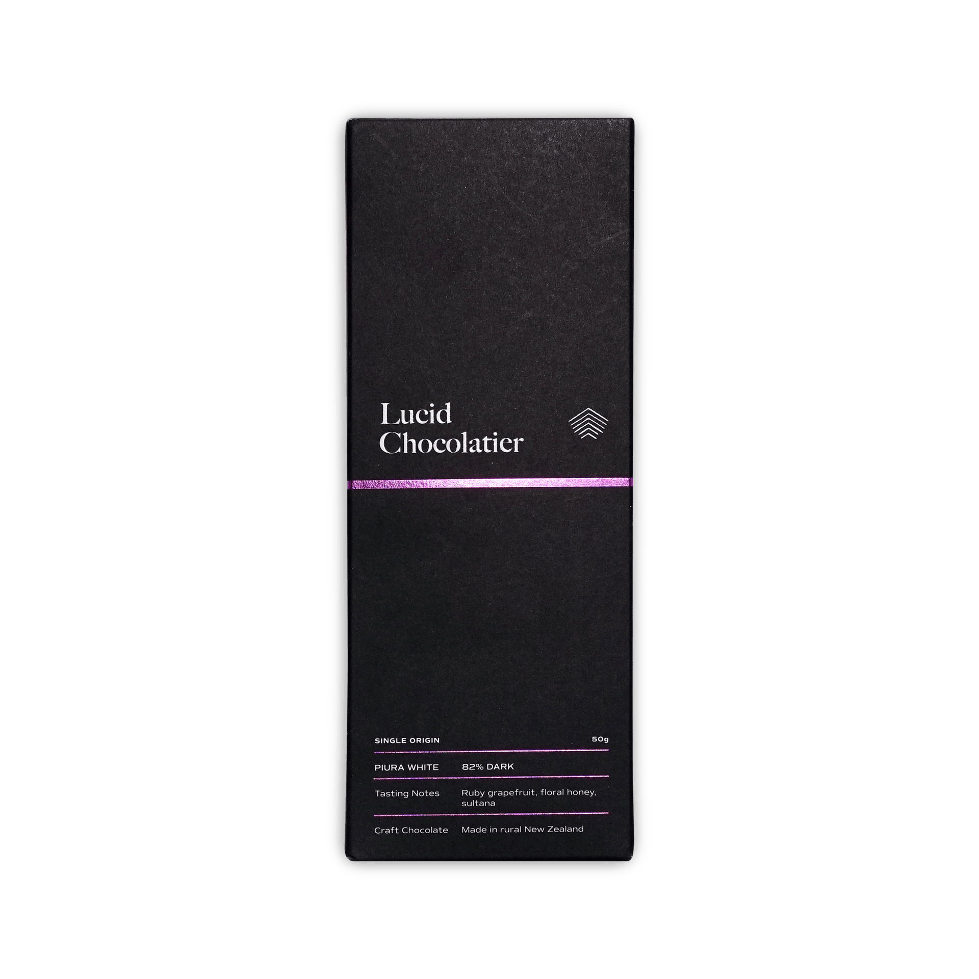 Lucid Chocolatier black box with a purple stripe, Single Origin Piura White 82% Dark, made in rural New Zealand, 50g