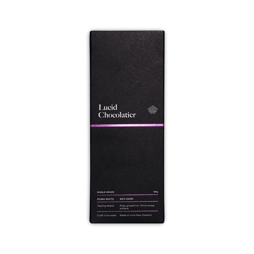 Lucid Chocolatier black box with a purple stripe, Single Origin Piura White 82% Dark, made in rural New Zealand, 50g