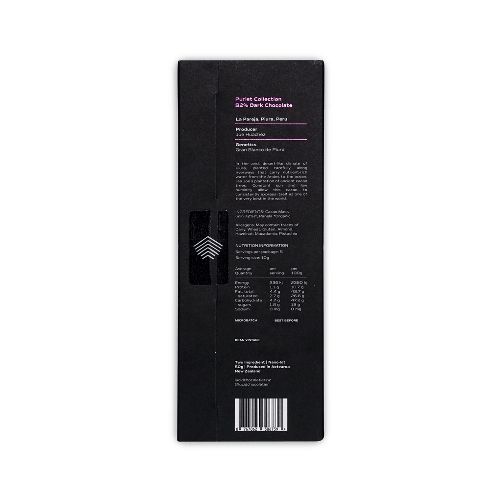 Back of Lucid Chocolatier black box, Purist Collection 82% dark, La Pareja Piura Peru, description and nutrition panel