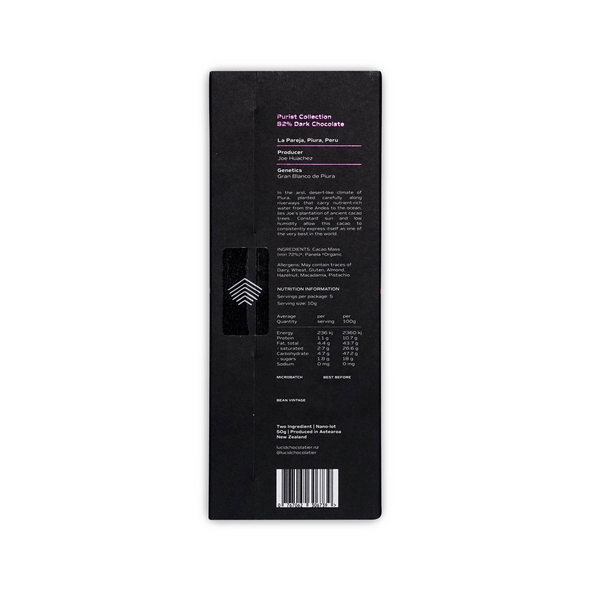 Back of Lucid Chocolatier black box, Purist Collection 82% dark, La Pareja Piura Peru, description and nutrition panel