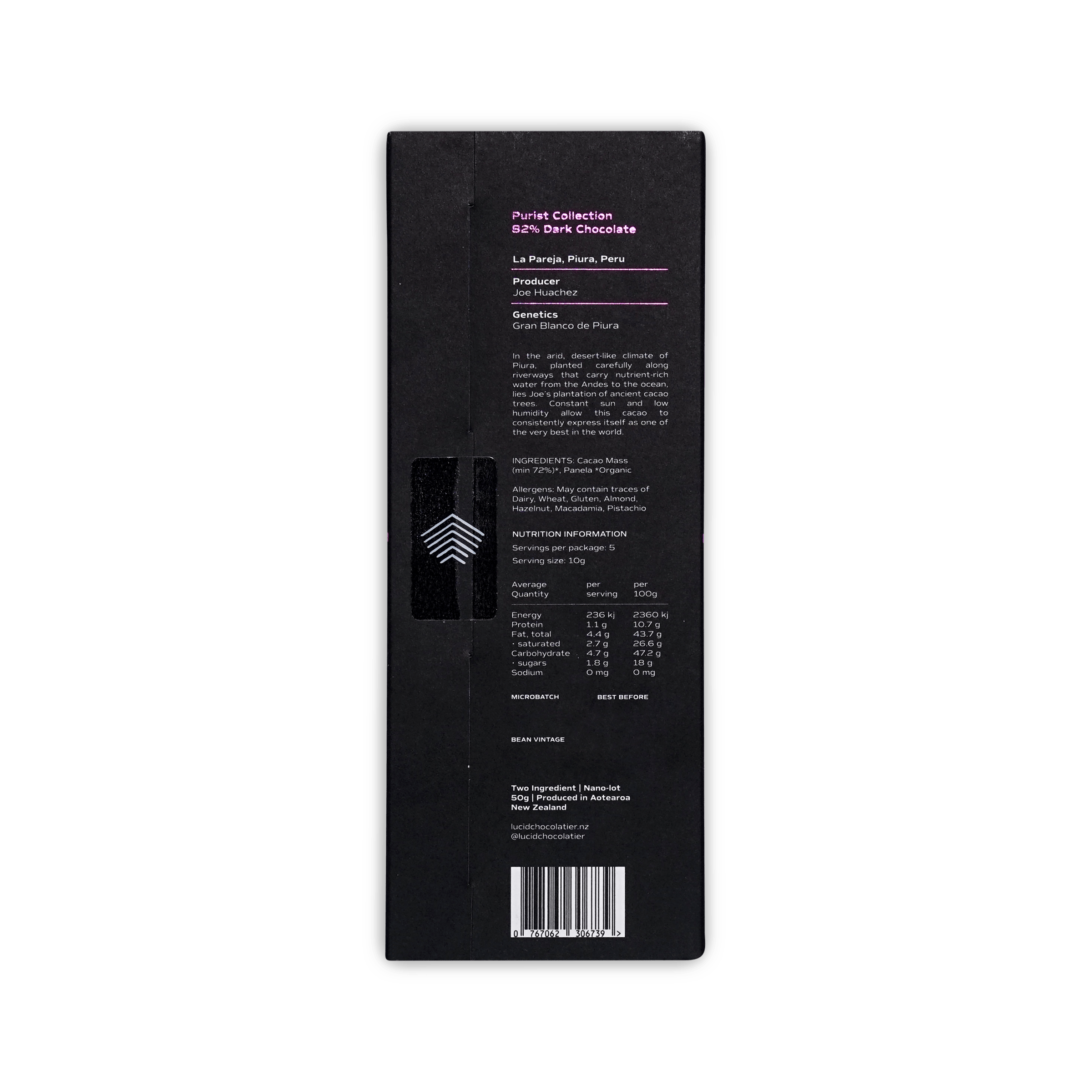 Back of Lucid Chocolatier black box, Purist Collection 82% dark, La Pareja Piura Peru, description and nutrition panel