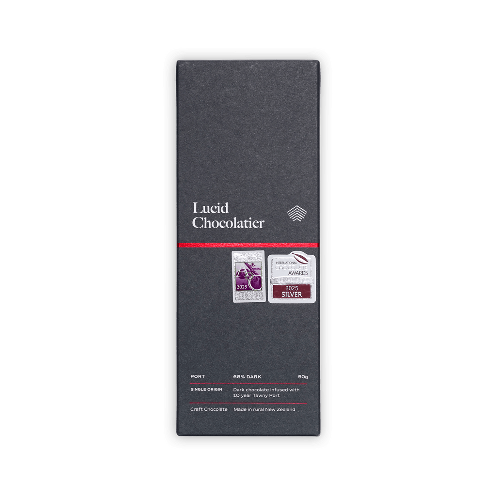 Lucid Chocolatier dark grey box, Port 68% dark, dark chocolate infused with 10 year Tawny Port, two award silver seals, 50g