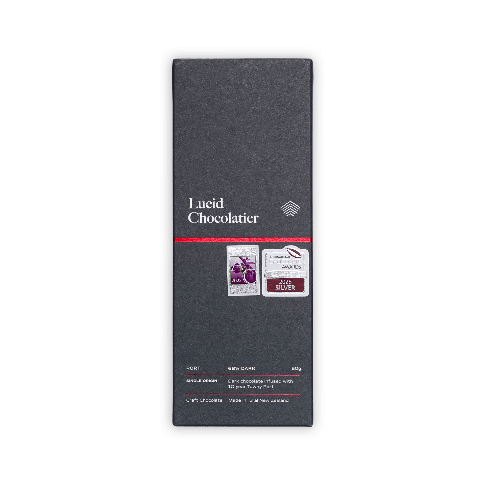 Lucid Chocolatier dark grey box, Port 68% dark, dark chocolate infused with 10 year Tawny Port, two award silver seals, 50g
