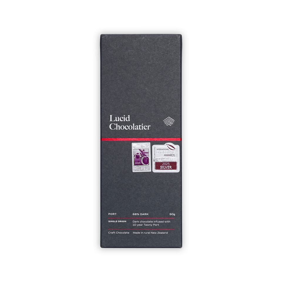 Lucid Chocolatier dark grey box, Port 68% dark, dark chocolate infused with 10 year Tawny Port, two award silver seals, 50g