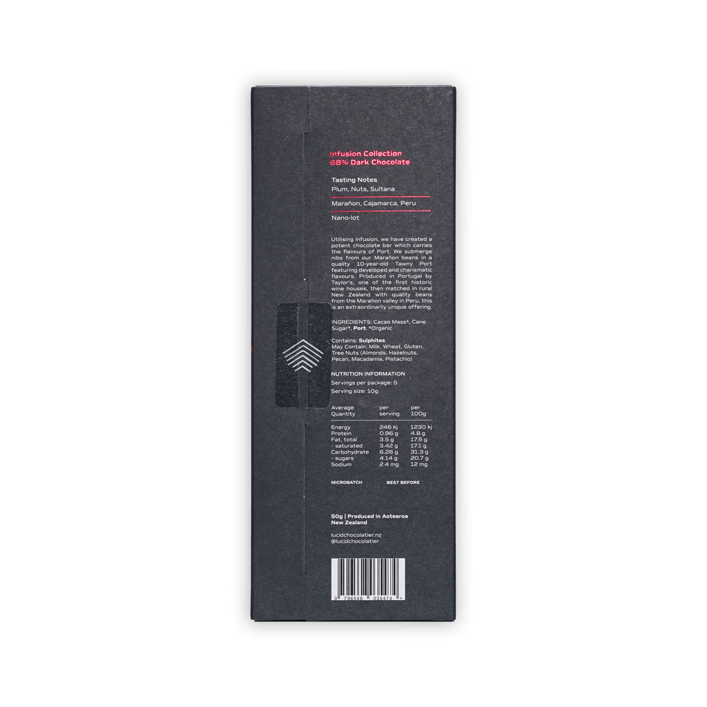 Back of Lucid Chocolatier box, Infusion Collection 68% dark chocolate, tasting notes, ingredients, nutrition panel and barcode, 50g