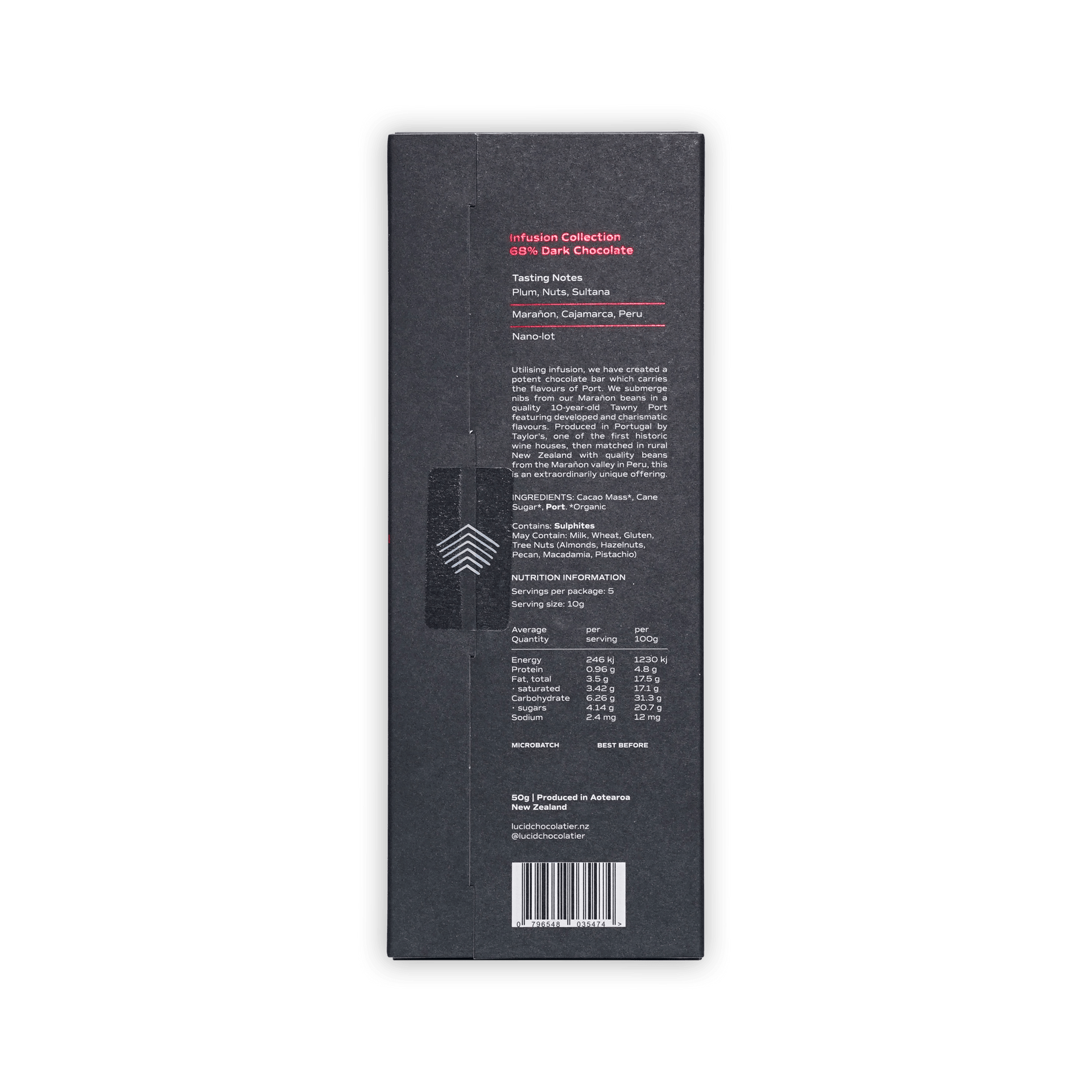 Back of Lucid Chocolatier box, Infusion Collection 68% dark chocolate, tasting notes, ingredients, nutrition panel and barcode, 50g