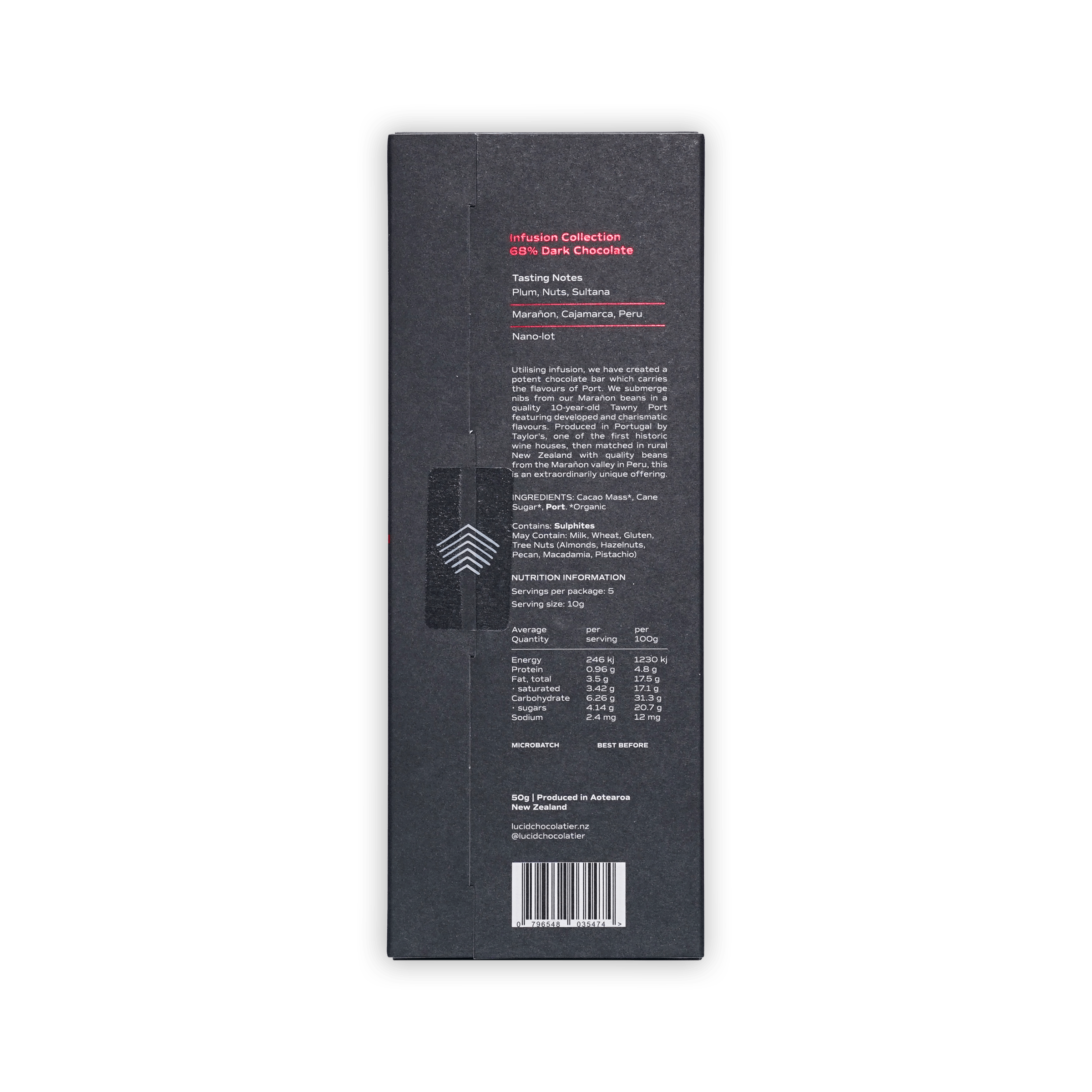 Back of Lucid Chocolatier box, Infusion Collection 68% dark chocolate, tasting notes, ingredients, nutrition panel and barcode, 50g