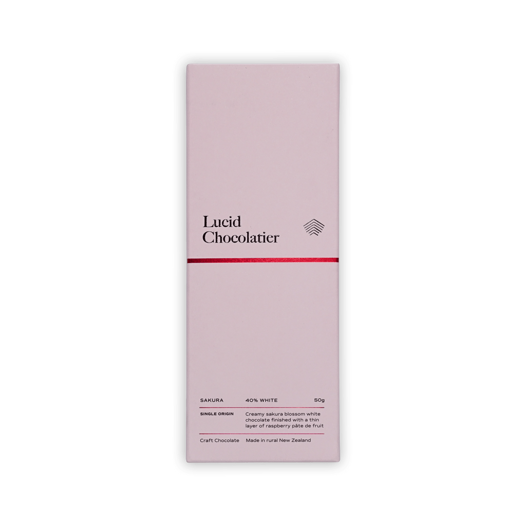 Lucid Chocolatier Sakura 40% white chocolate bar, pale pink box with red stripe