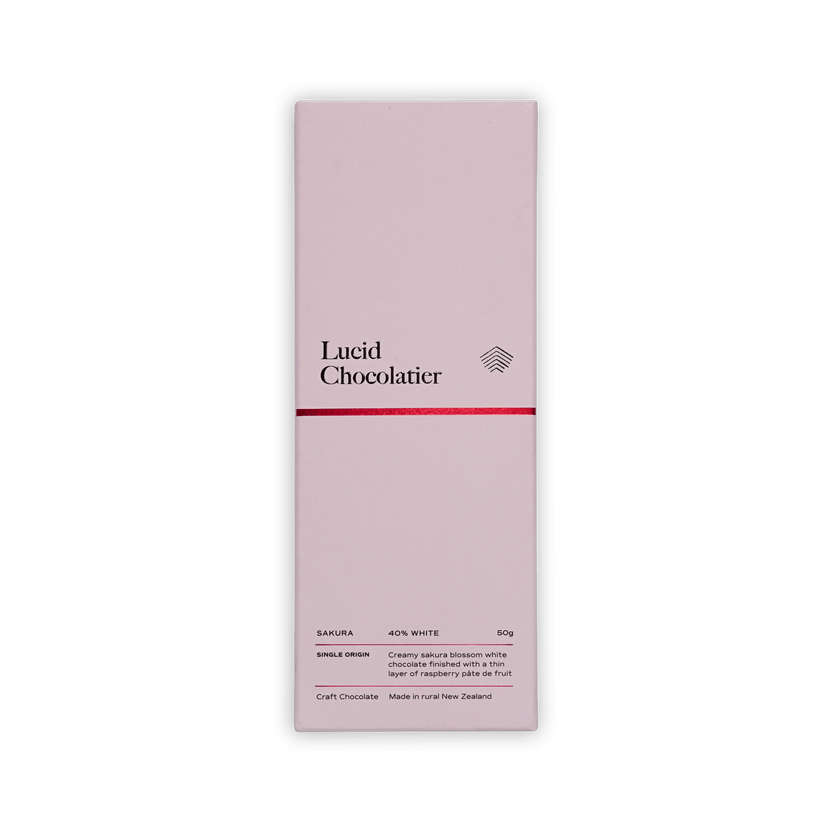 Lucid Chocolatier Sakura 40% white chocolate bar, pale pink box with red stripe