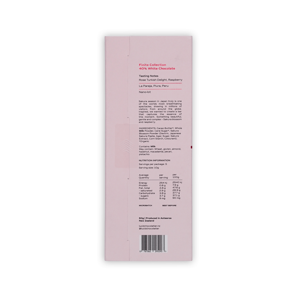 Back of Lucid Chocolatier Sakura box with pink label showing tasting notes, ingredients and nutrition