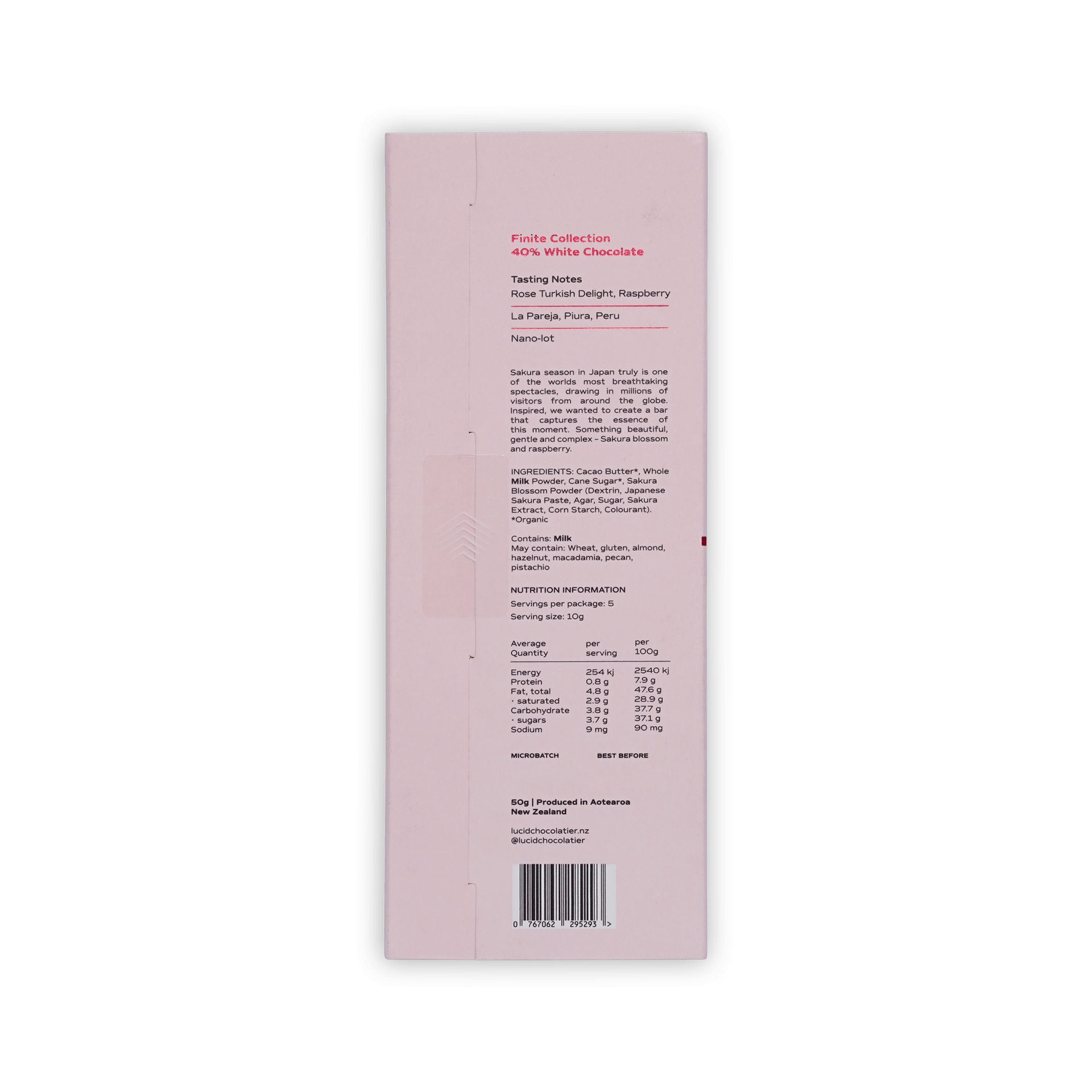 Back of Lucid Chocolatier Sakura box with pink label showing tasting notes, ingredients and nutrition