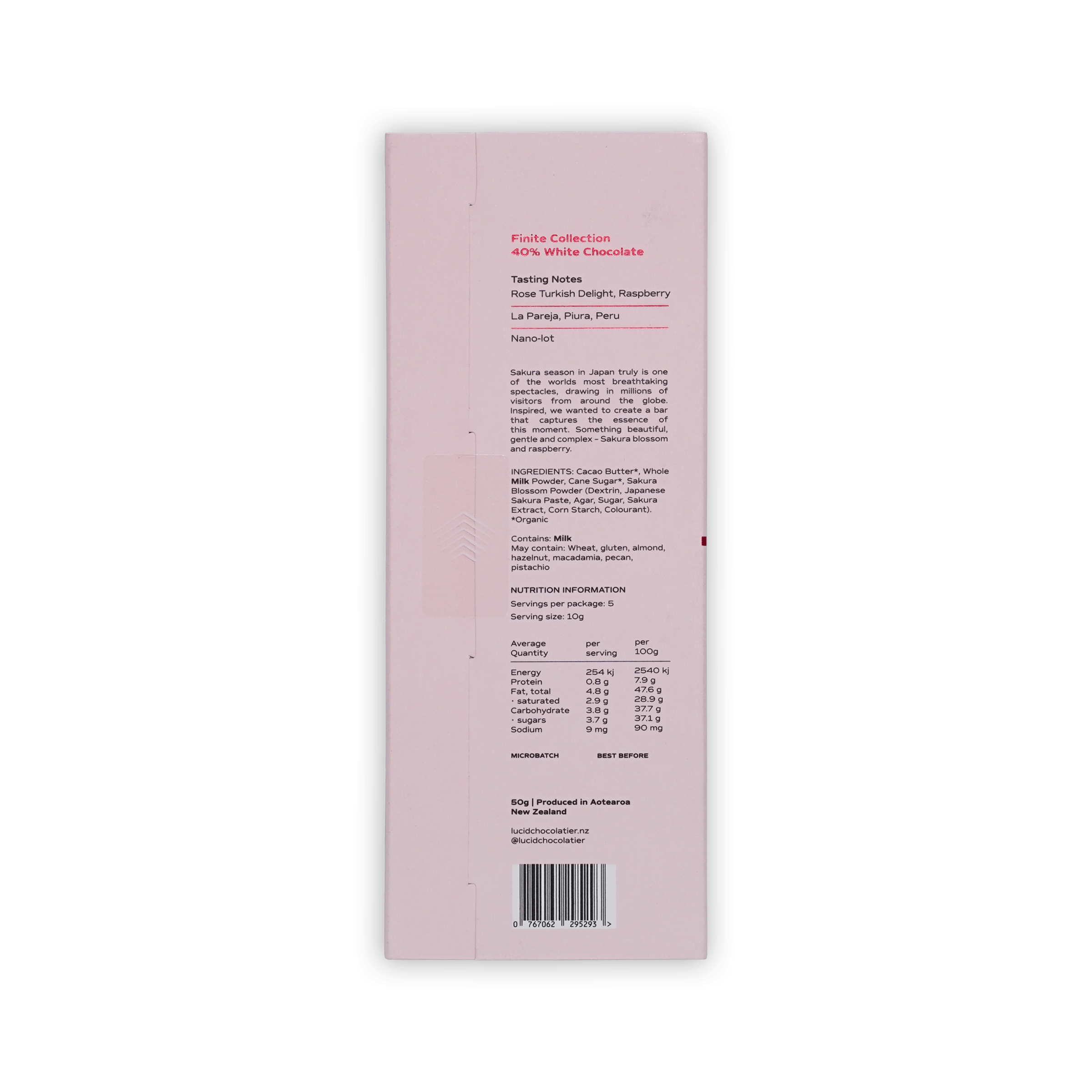 Back of Lucid Chocolatier Sakura box with pink label showing tasting notes, ingredients and nutrition