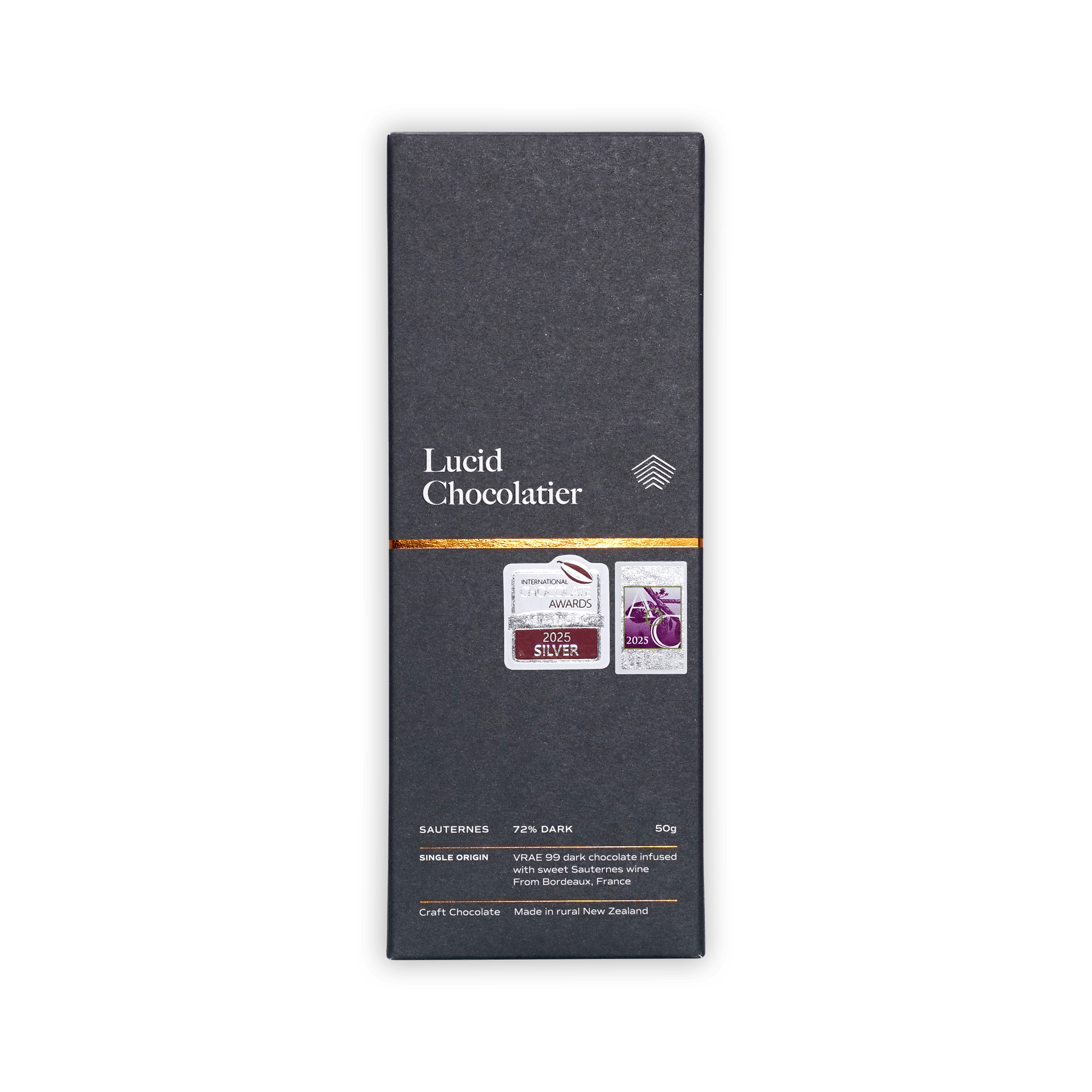 Lucid Chocolatier bar, dark grey box with gold band and award stickers, marked Sauternes 72% Dark, made in New Zealand.