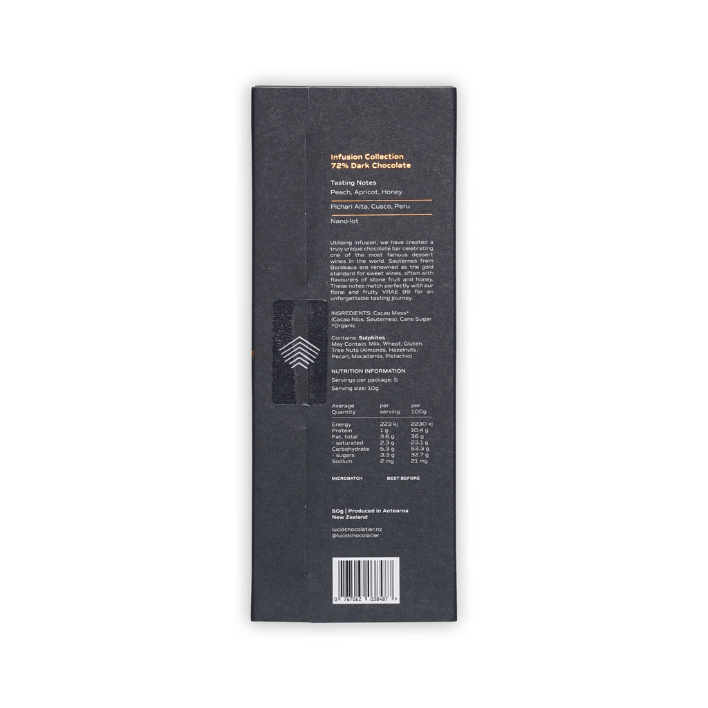 Back of Lucid Sauternes box, dark grey with tasting notes peach, apricot, honey, Peru origin, nutrition panel and barcode.