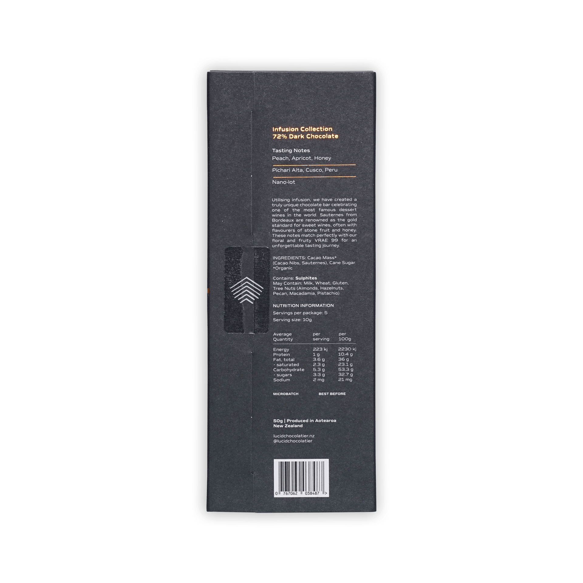 Back of Lucid Sauternes box, dark grey with tasting notes peach, apricot, honey, Peru origin, nutrition panel and barcode.