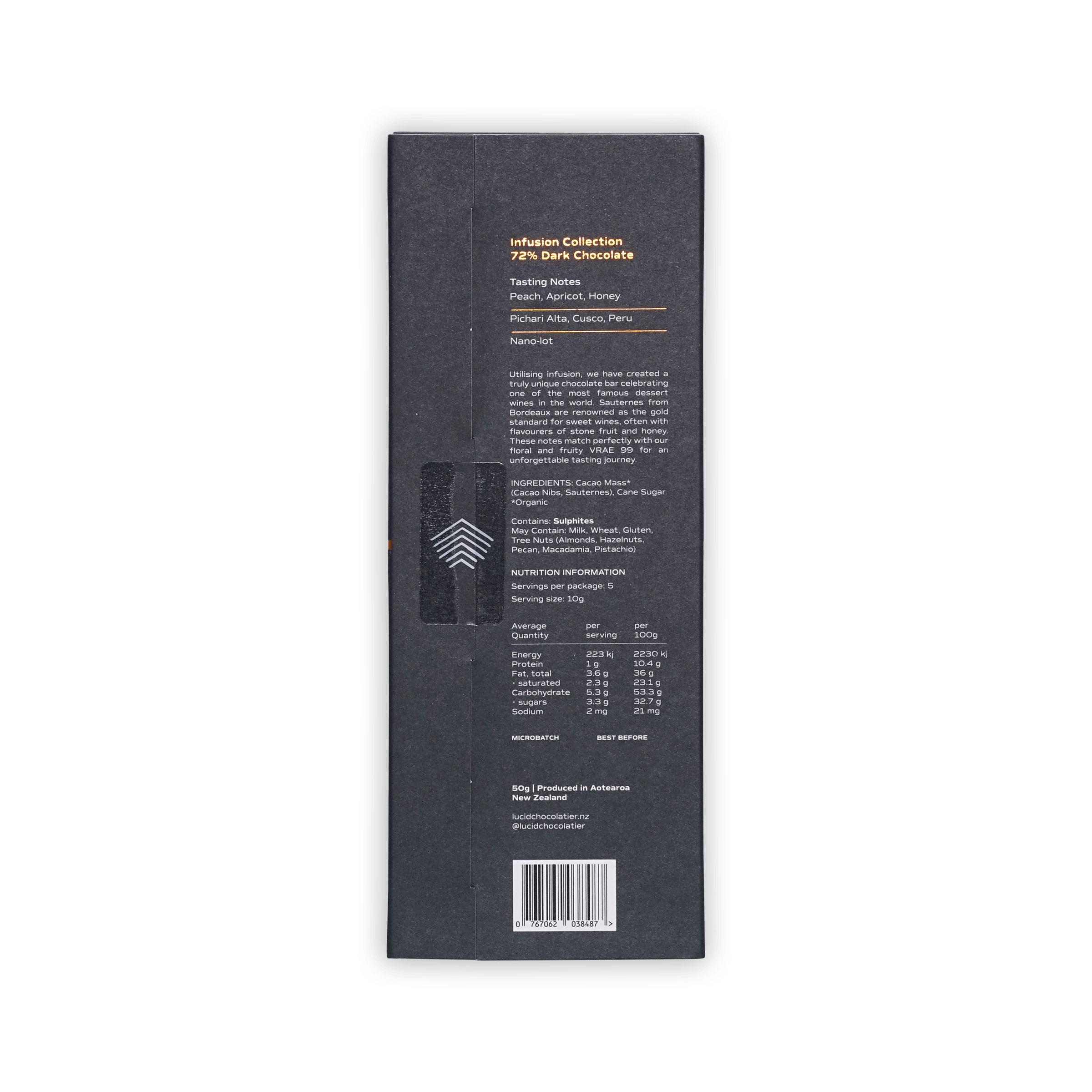 Back of Lucid Sauternes box, dark grey with tasting notes peach, apricot, honey, Peru origin, nutrition panel and barcode.