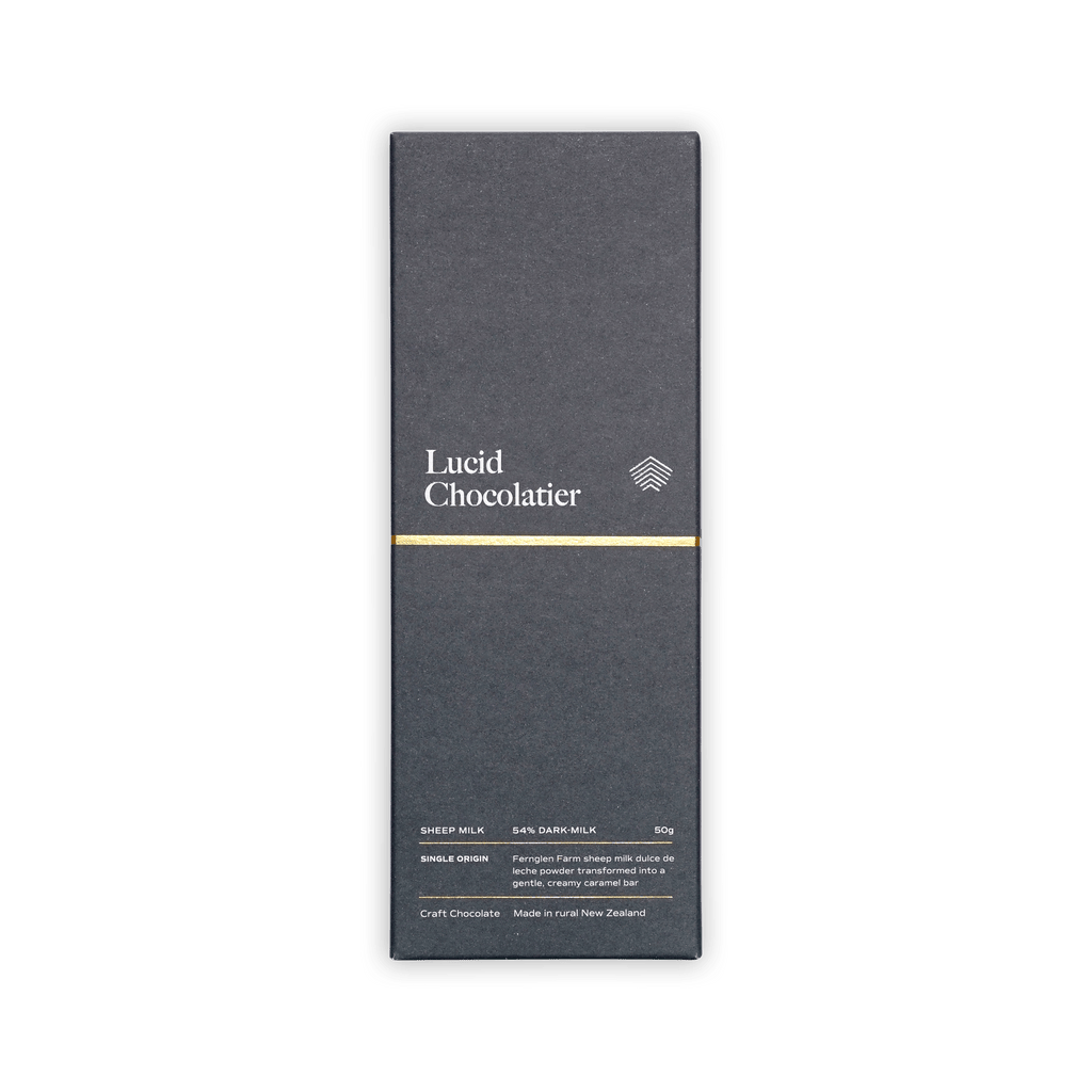 Lucid Chocolatier Sheep Milk 54% Dark-Milk bar in a charcoal box with gold stripe and white logo, single origin, 50g.