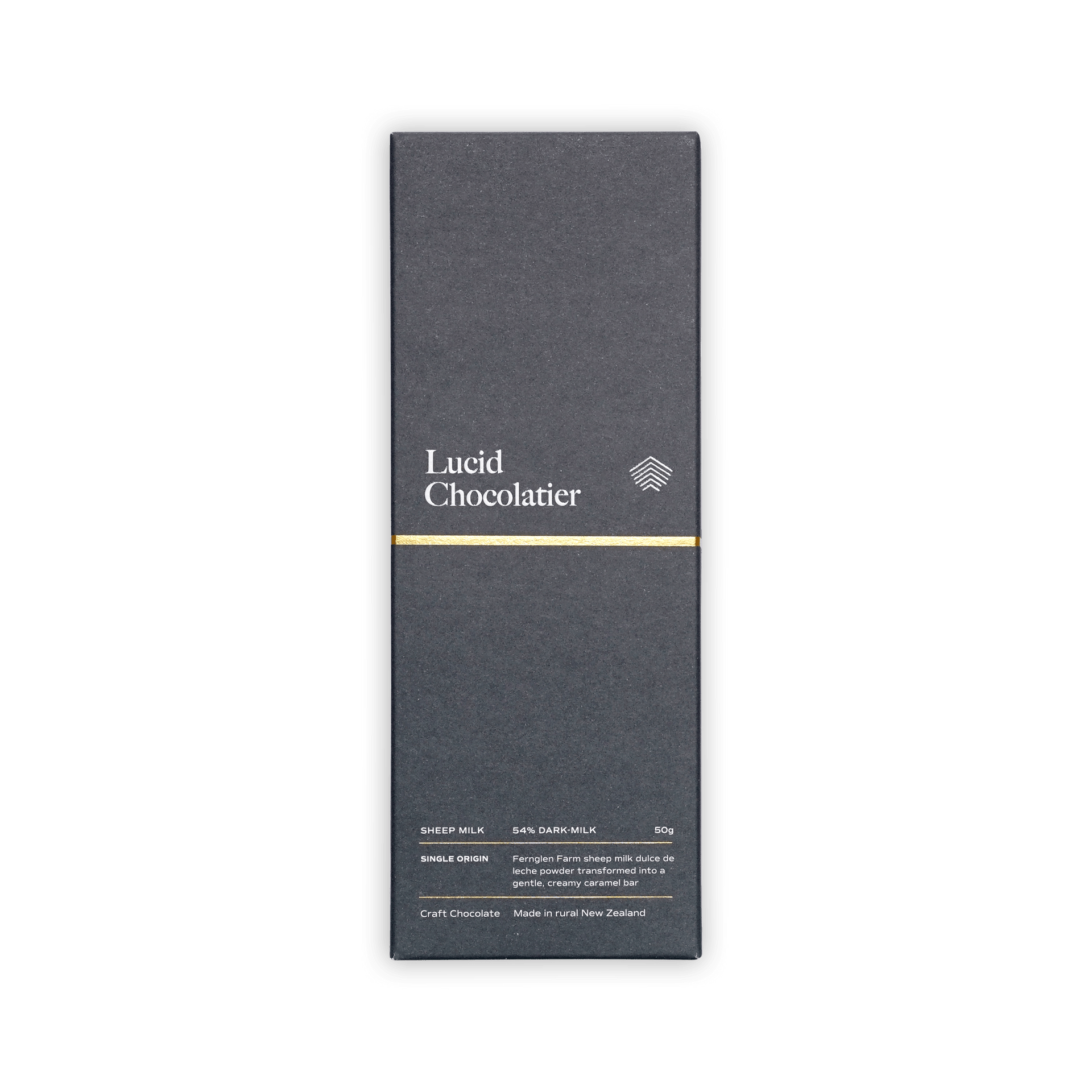 Lucid Chocolatier Sheep Milk 54% Dark-Milk bar in a charcoal box with gold stripe and white logo, single origin, 50g.