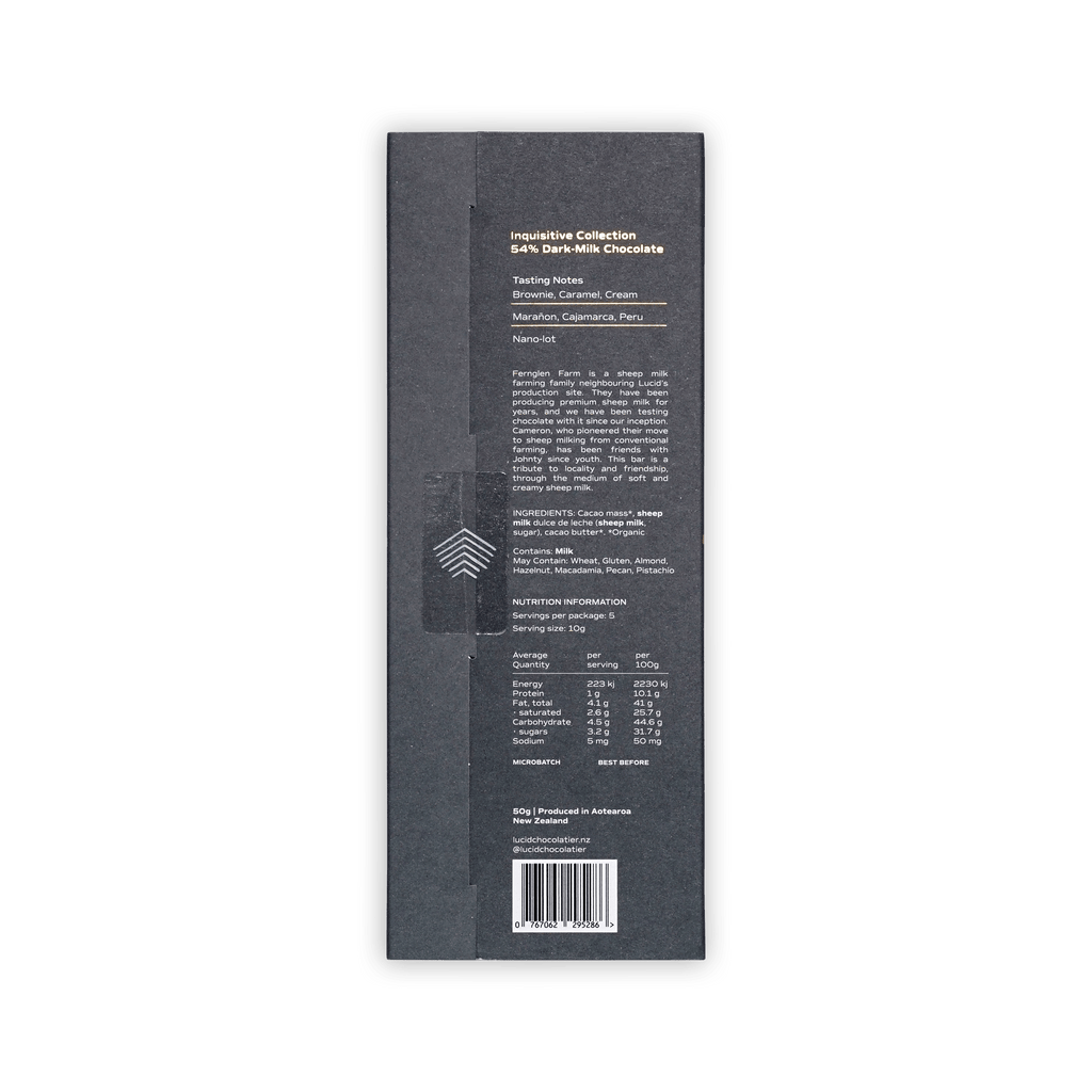 Back of Lucid Chocolatier 54% Dark-Milk charcoal box with Fernglen Farm story, ingredients, and nutrition table.