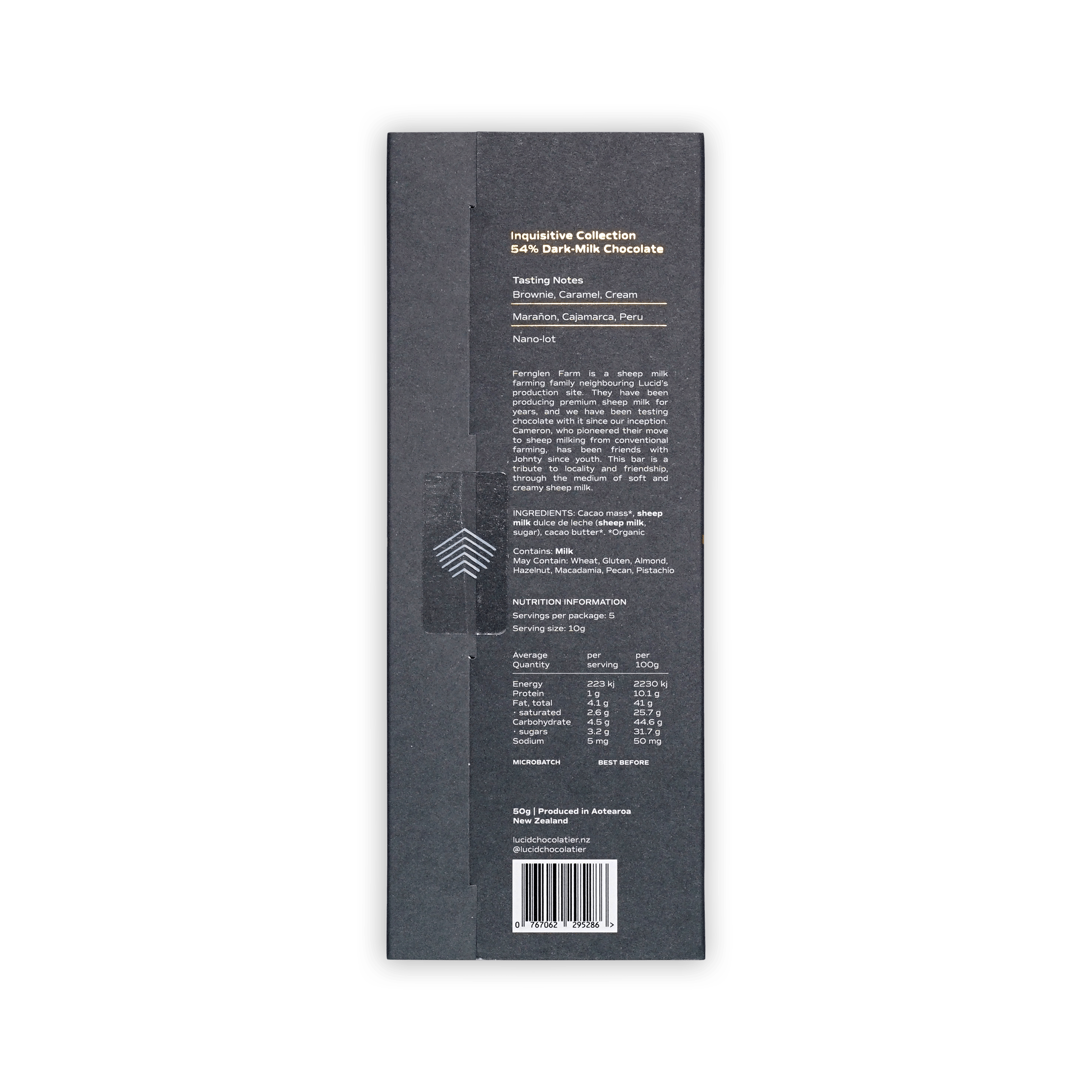 Back of Lucid Chocolatier 54% Dark-Milk charcoal box with Fernglen Farm story, ingredients, and nutrition table.