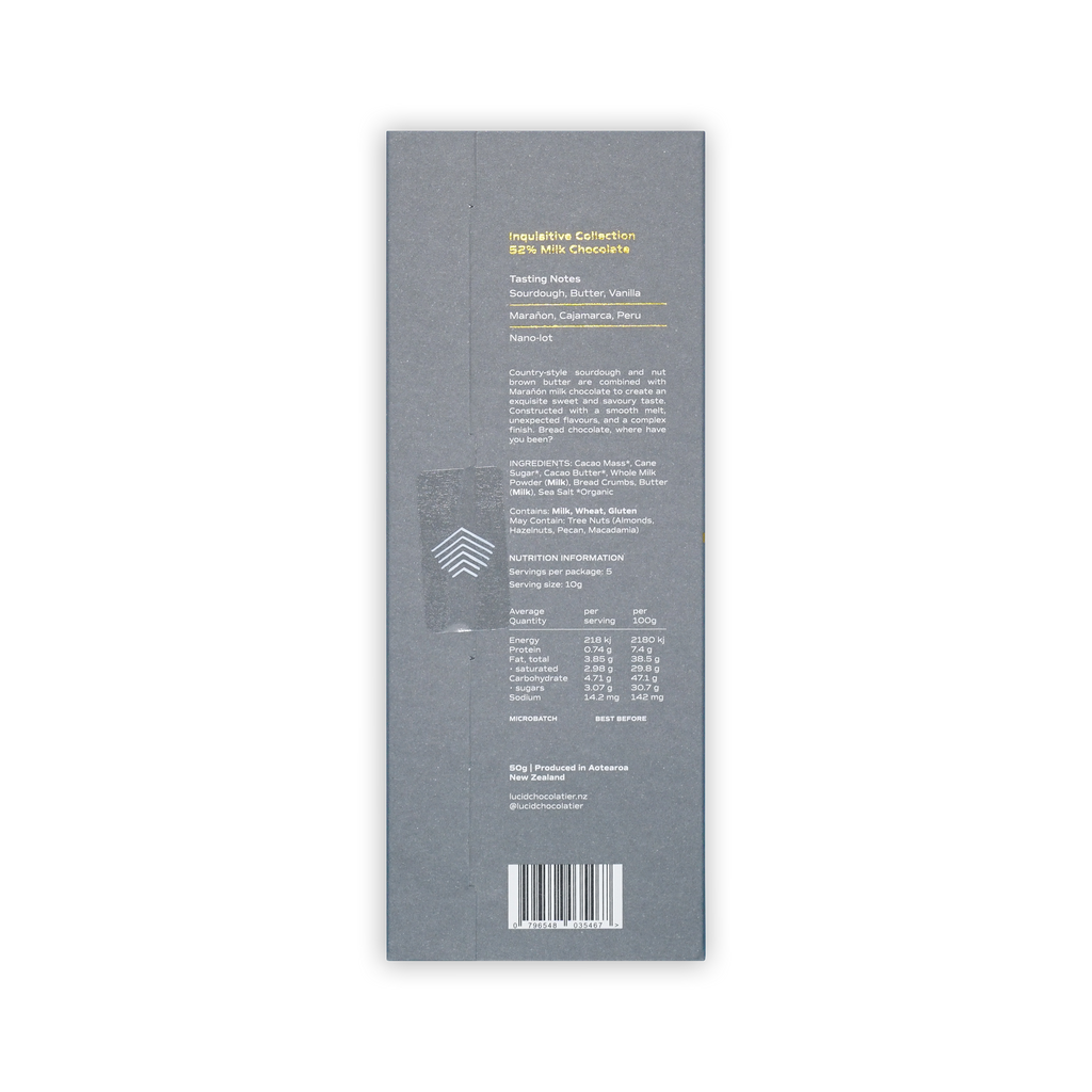Back of a gray Lucid Chocolatier 52% Milk Chocolate box showing tasting notes, ingredients, and nutrition information.