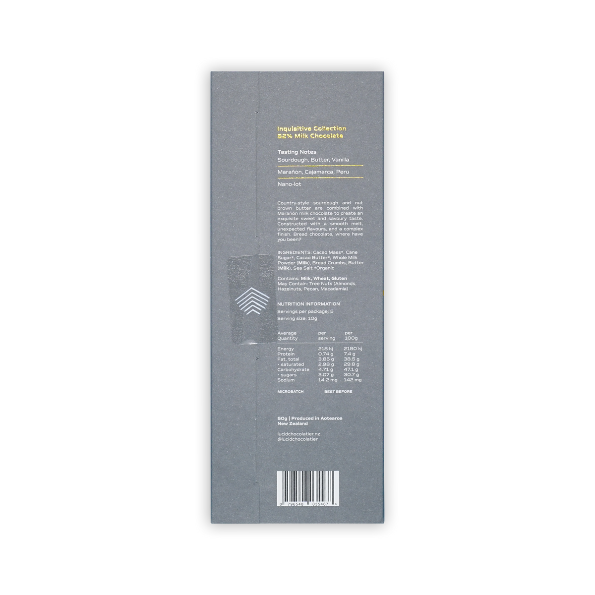 Back of a gray Lucid Chocolatier 52% Milk Chocolate box showing tasting notes, ingredients, and nutrition information.